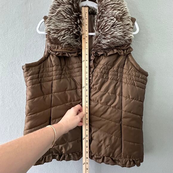 New Directions Brown Puffer Vest W/ Faux Fur Collar And Ruffle Detail Womens XL - Picture 10 of 12